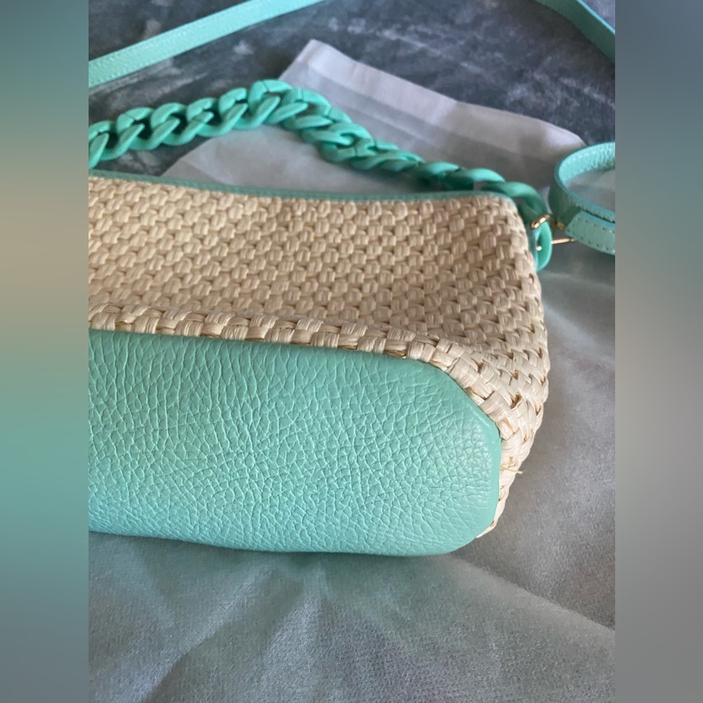 STELLA BIANCA Aqua Raffia Chain Crossbody Bag With Leather Trim Made In … - Picture 4 of 11